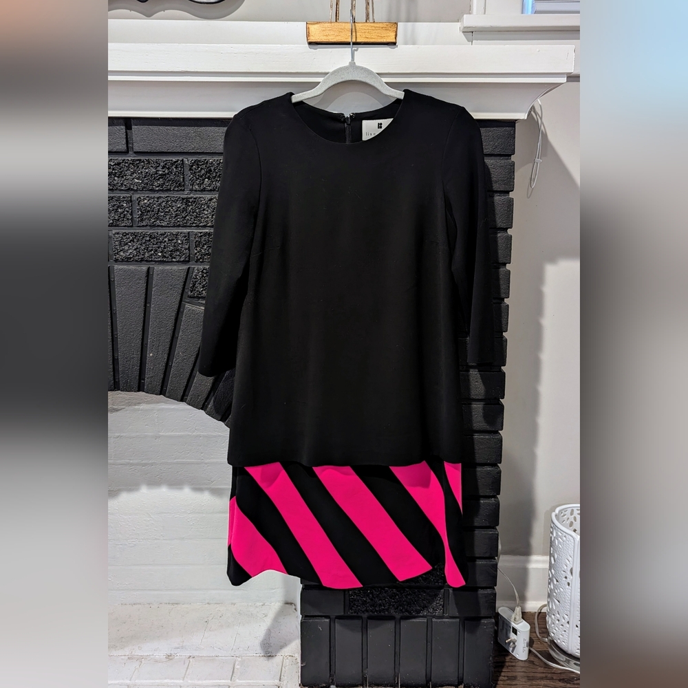 Lisa Perry Long Sleeve Black Dress Striped Pink Hem Women's 4 small